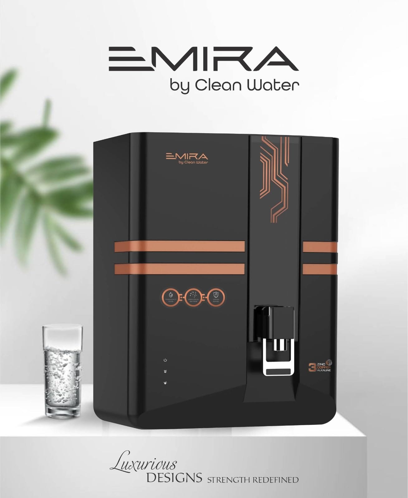 AquaHome EMIRA by Clean Water RO+UV+UF Water Purifier with 3-in-1 Zinc, Copper & Alkaline Mineralizer (Luxurious Matte Black & Rose Gold, 10L)